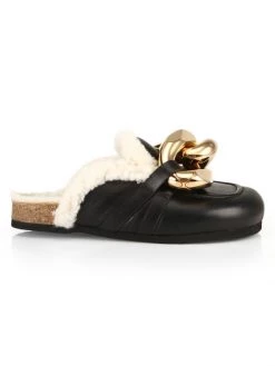 JW Anderson Chain Shearling-Lined Leather Loafer Mules